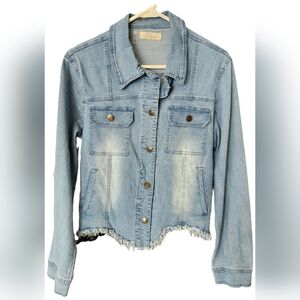 Elan denim button-up jacket with raw edge hem